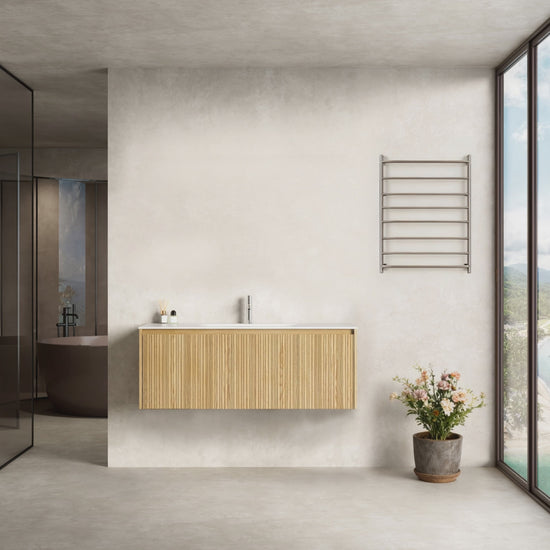 Mobile Bagno 120 cm Sospeso Rovere Chiaro Senza Specchio - Pace in un elegante bagno moderno.
