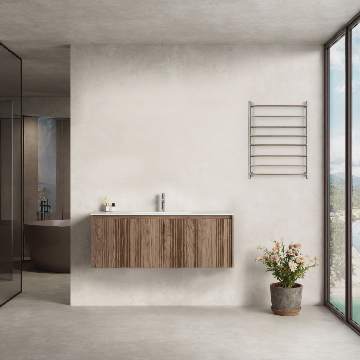 Mobile Bagno 120 cm Sospeso Rovere Scuro Senza Specchio - Pace in un elegante ambiente bagno moderno.