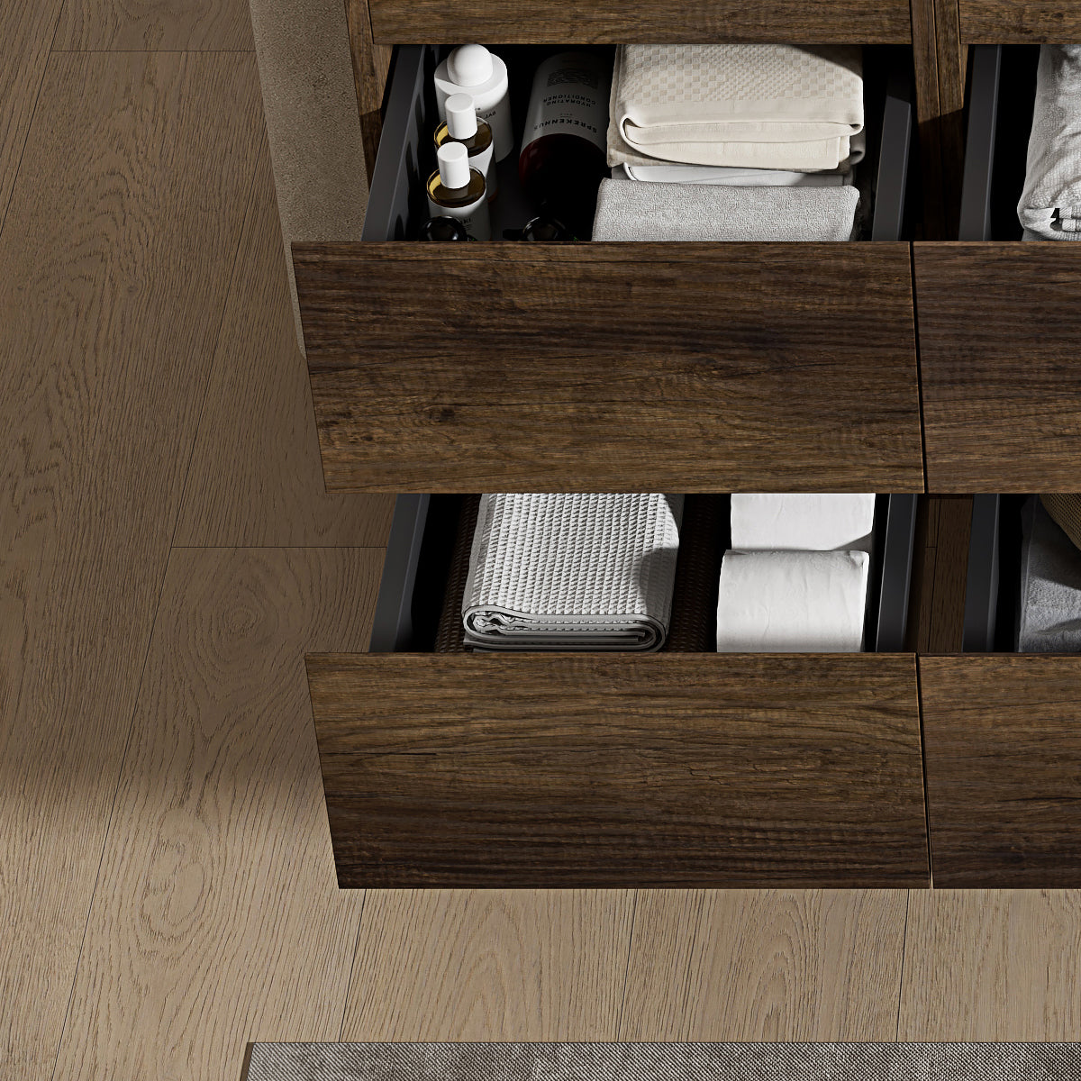 Mobile bagno sospeso 120 cm Bruno Scuro Lavabo a Destra in Resina Specchio Tondo - Fiji Wood