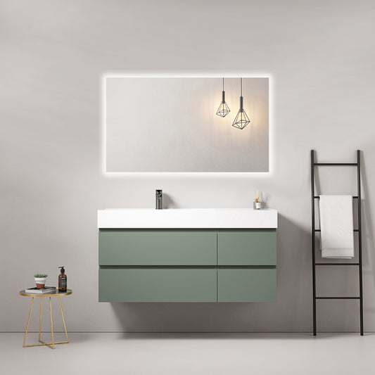 120cm Sage Green Wall-Hung Bathroom Cabinet Left-Hand Resin Sink Backlit Square Mirror - Fiji Paint