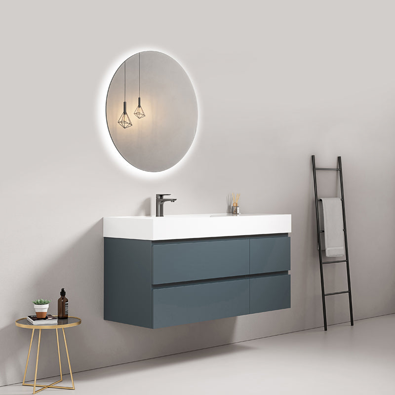 Mobile bagno sospeso 120 cm Blu Mare Lavabo a Sinistra in Resina Specchio Tondo Retroilluminato - Fiji Paint