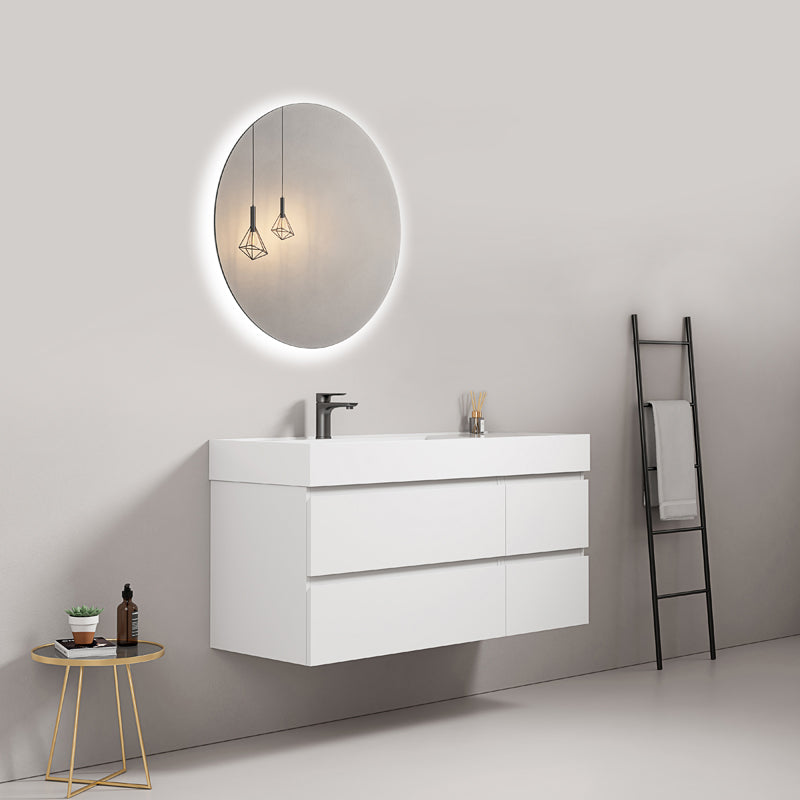 Mobile bagno sospeso 120 cm Bianco Lavabo a Sinistra in Resina Specchio Tondo - Fiji Paint