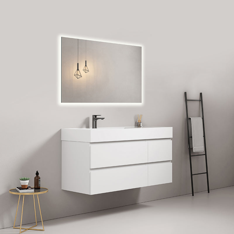 Mobile bagno sospeso 120 cm Bianco Lavabo a Sinistra in Resina Specchio Quadro Retroilluminato - Fiji Paint