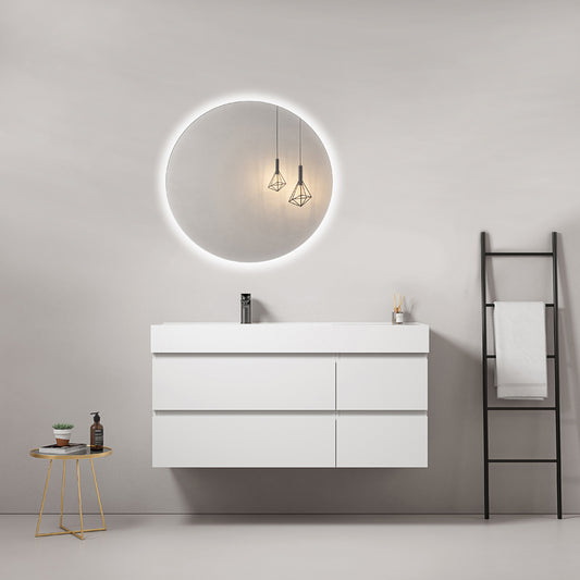 Mobile bagno sospeso 120 cm Bianco Lavabo a Sinistra in Resina Specchio Tondo Retroilluminato - Fiji Paint