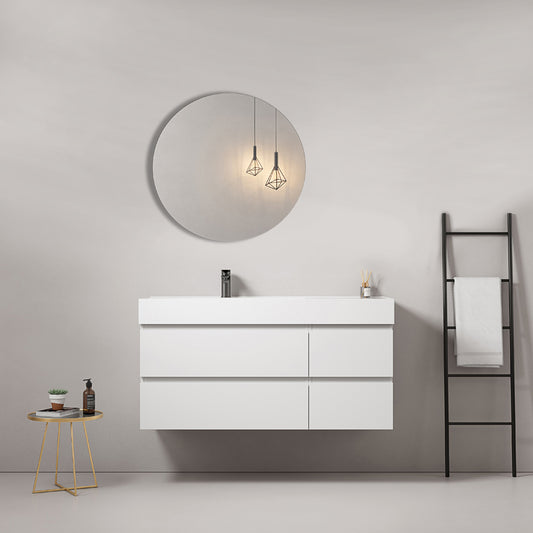 Mobile bagno sospeso 120 cm Bianco Lavabo a Sinistra in Resina Specchio Tondo - Fiji Paint
