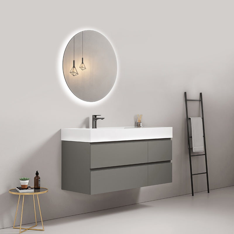 Mobile bagno sospeso 120 cm Grigio Londra Lavabo a Sinistra in Resina Specchio Tondo Retroilluminato - Fiji Paint