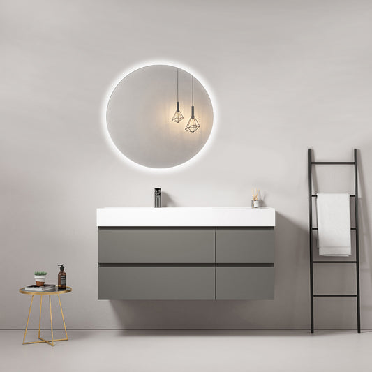Mobile bagno sospeso 120 cm Grigio Londra Lavabo a Sinistra in Resina Specchio Tondo Retroilluminato - Fiji Paint