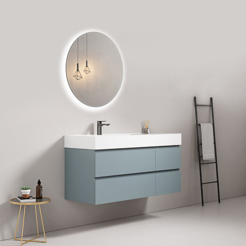 Mobile bagno sospeso 120 cm Blu Avio Lavabo a Sinistra in Resina Specchio Tondo Retroilluminato - Fiji Paint