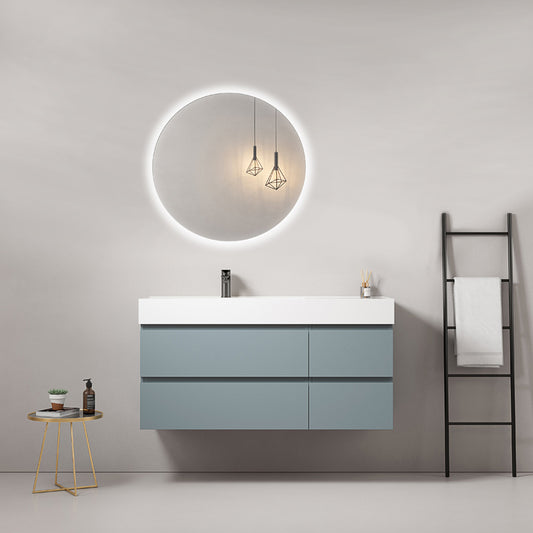 Mobile bagno sospeso 120 cm Blu Avio Lavabo a Sinistra in Resina Specchio Tondo Retroilluminato - Fiji Paint