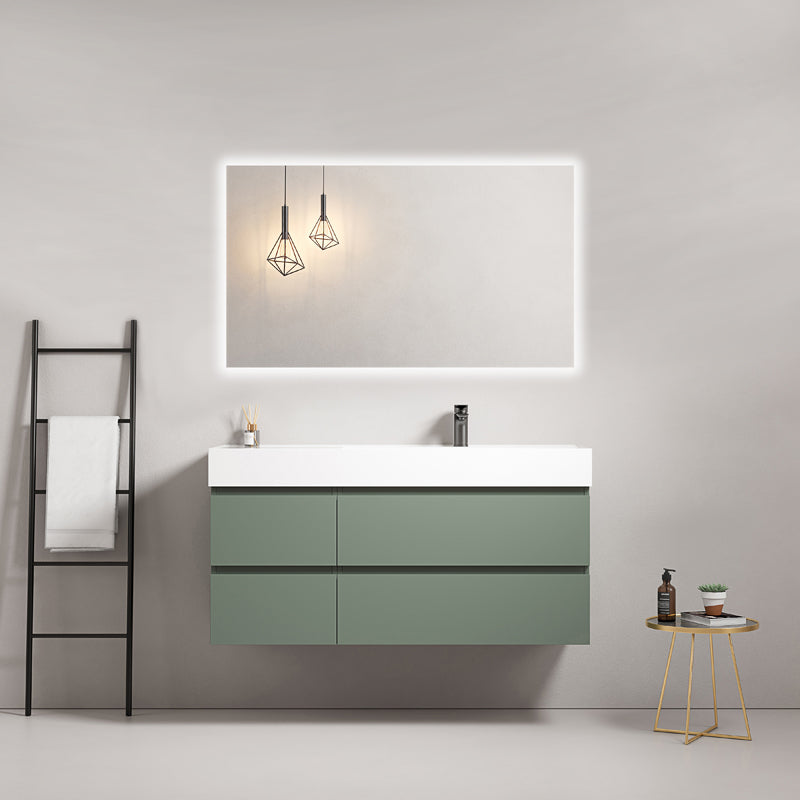 120cm Sage Green Wall-Hung Bathroom Cabinet Right-Hand Resin Sink Backlit Square Mirror - Fiji Paint