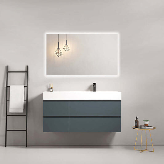 Mobile bagno sospeso blu mare con lavabo a destra e specchio retroilluminato, design contemporaneo