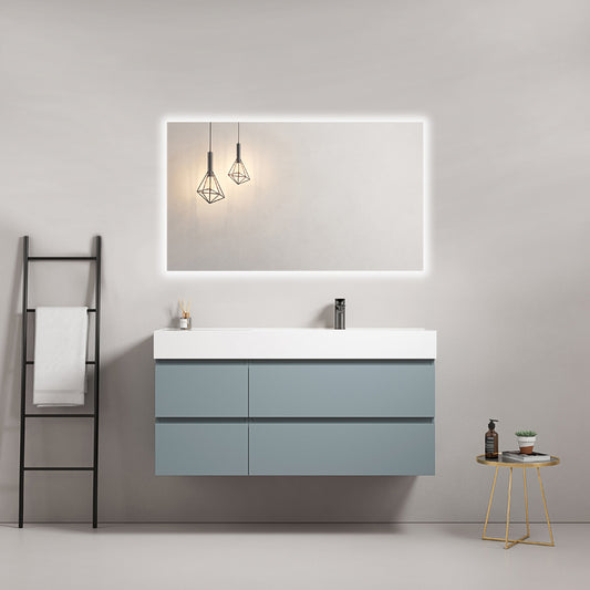 Mobile bagno sospeso 120 cm Blu Avio Lavabo a Destra in Resina Specchio Quadro Retroilluminato - Fiji Paint